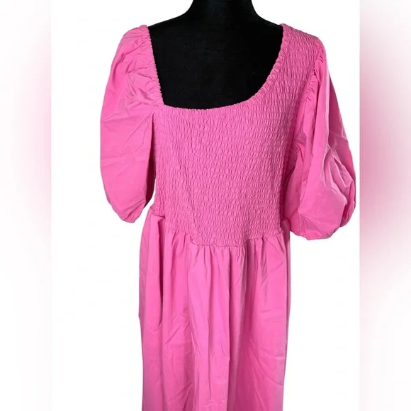 Eloquii Vibrant Barbie Pink Smocked Asymmetric Neck Maxi Dress - Picture 8 of 16
